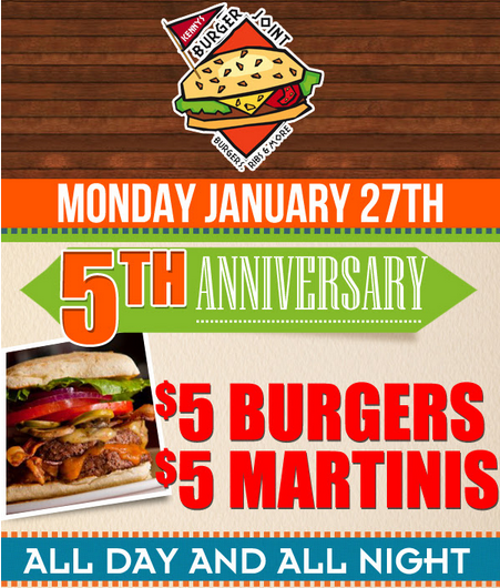 Kenny's Burgers only $5 on Monday, January 27th