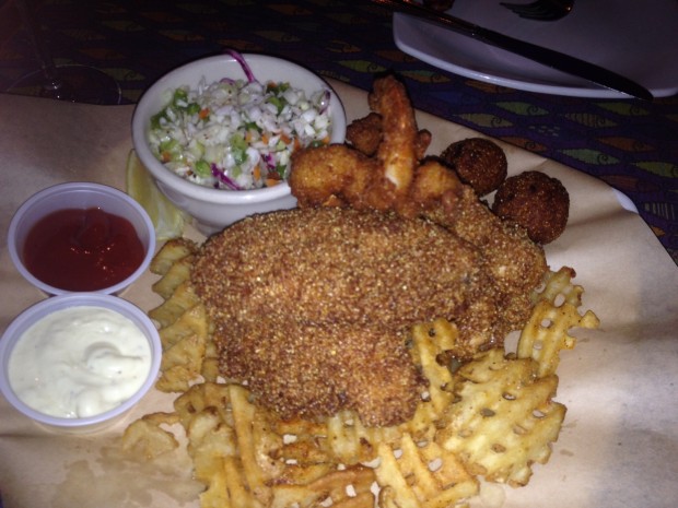 Catfish and shrimp platter with waffle fries, cole slaw and hush puppies 