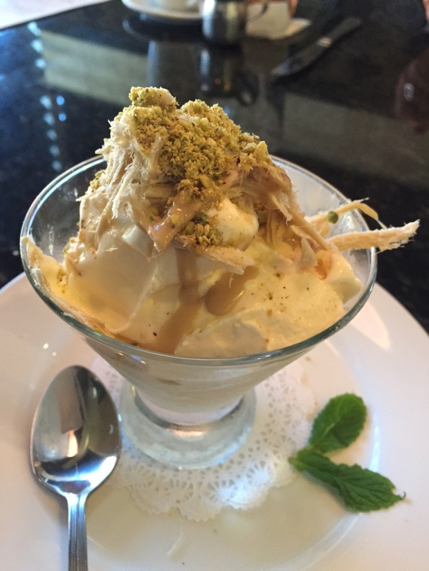 Homemade ice cream with angel hair halva and pistachio crumbs via dallasfoodnerd.com