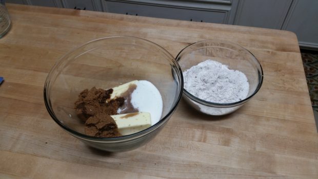 Chocolate Chocolate Chip Cookie Ingredients in Bowls